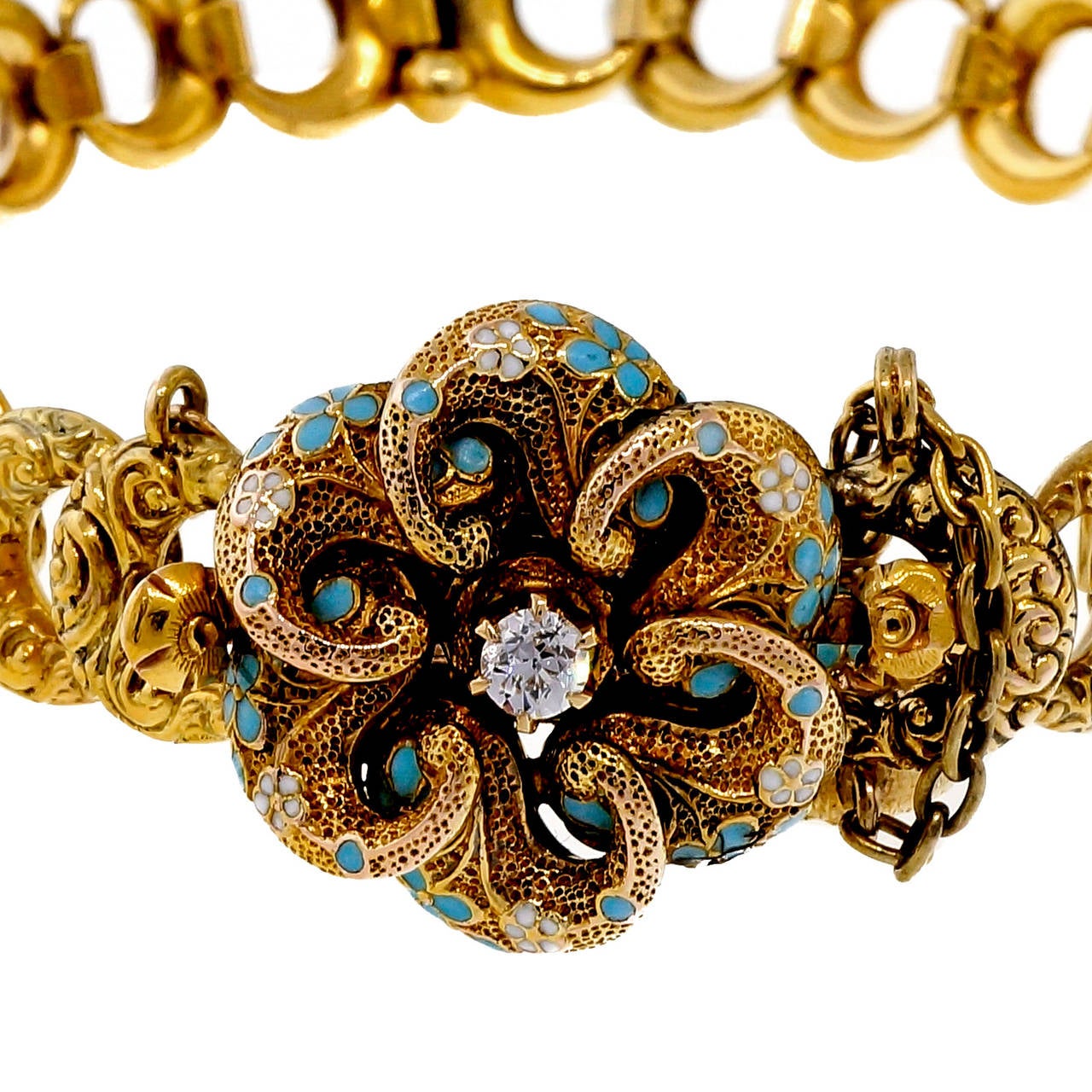 Krementz Victorian Blue Enamel Old European Diamond Gold Bracelet at ...