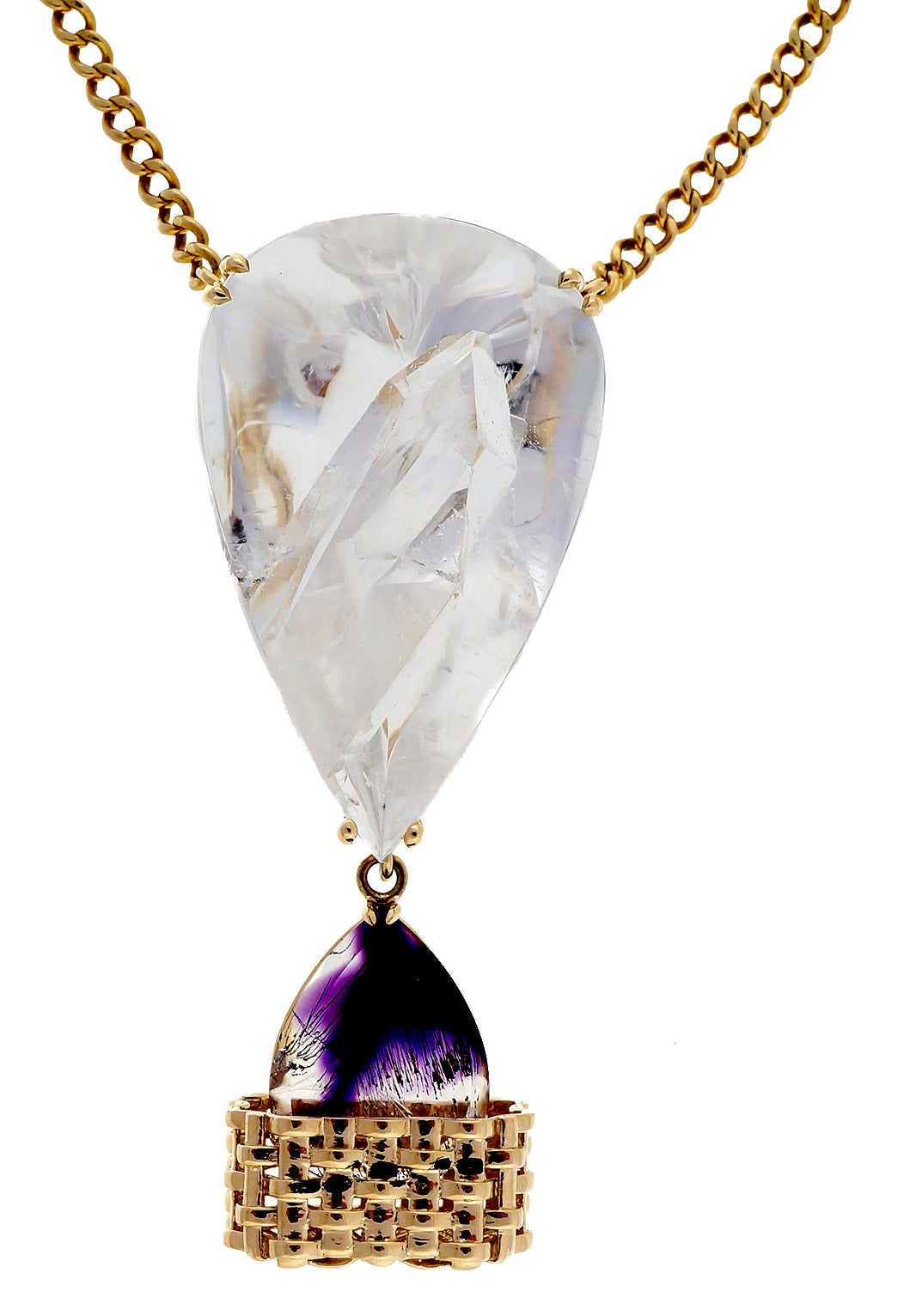 Super rare Manifestor Quartz pendant with a fully formed Quartz crystal encased by nature in clear Quartz. Multiple rainbow inclusions. Exceptional energy. Very clear. Pendant designed and made in the Peter Suchy Workshop. Stone are from a