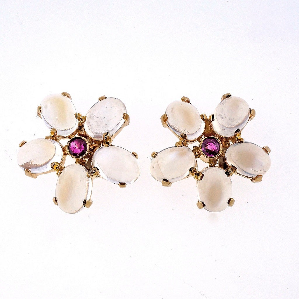 Tiffany & Co. Moonstone Ruby Gold Earrings In Good Condition In Stamford, CT