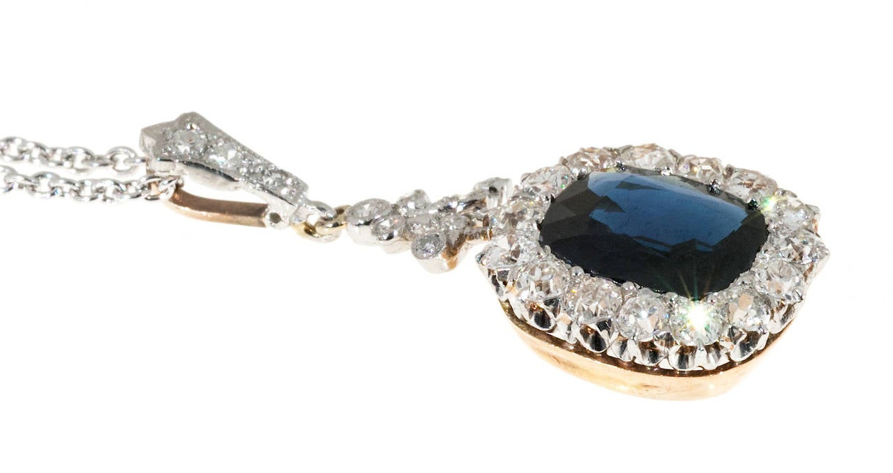 Victorian Natural No Heat Cushion Sapphire Diamond Platinum Necklace In Good Condition In Stamford, CT