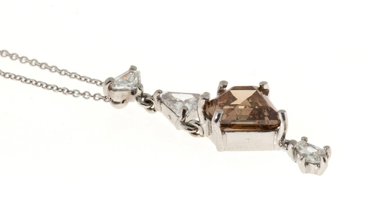 Natural Brown Diamond Platinum Lavaliere Pendant Chain In Good Condition In Stamford, CT