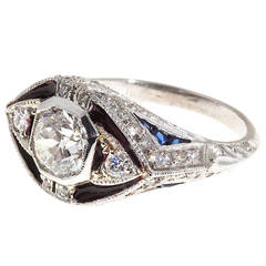 Blue Enamel Sapphire Diamond Platinum Ring 1