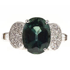No Heat Bluish Green Sapphire and Diamond Pave Baguette Platinum Ring