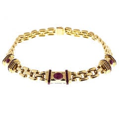 Italian Cabochon Ruby Gold Three Row Link Necklace