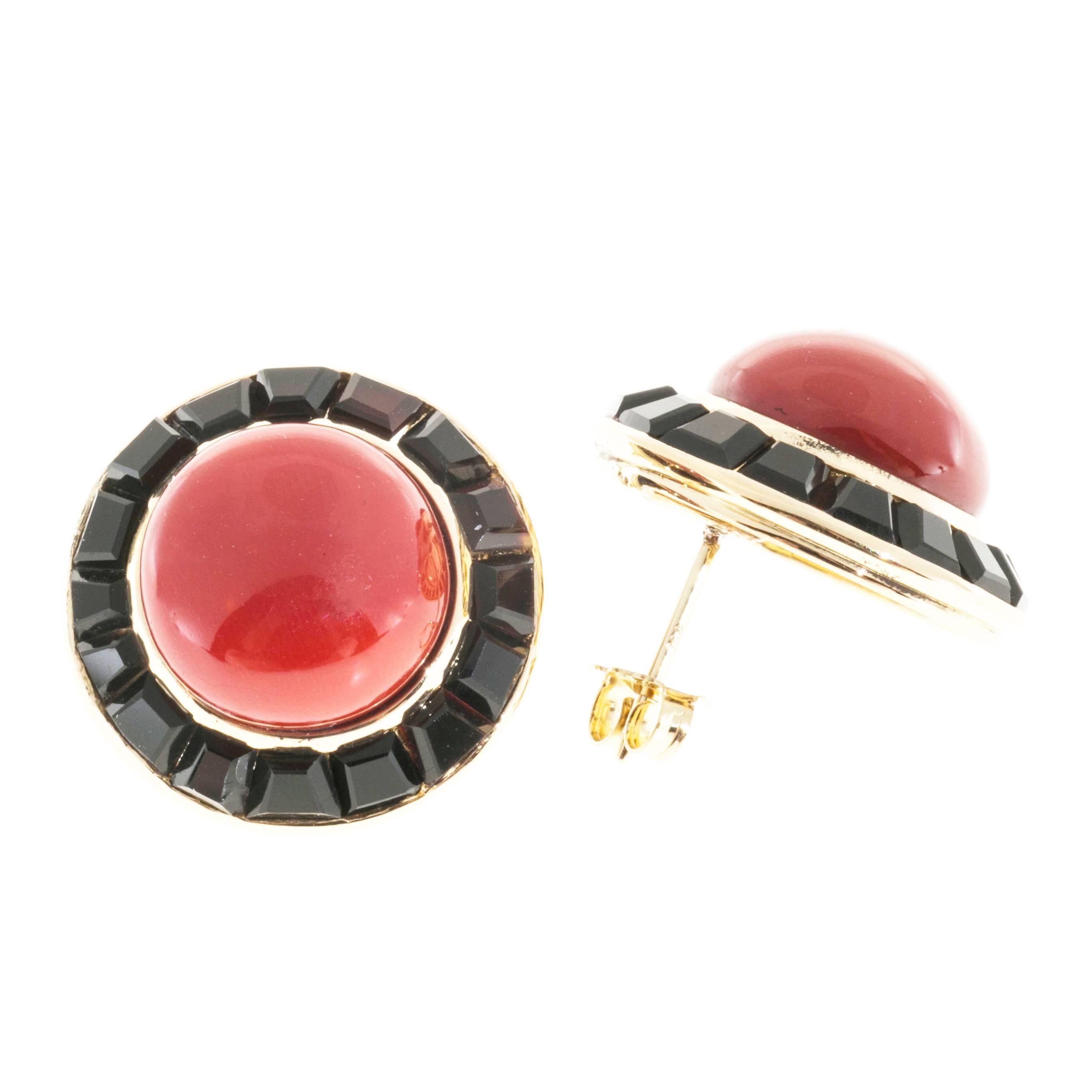 Cabochon Red Coral Black Onyx Gold Earrings  For Sale 2