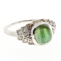 Antique 2.10 Carat Oval Green Tourmaline Diamond Platinum Engagement Ring