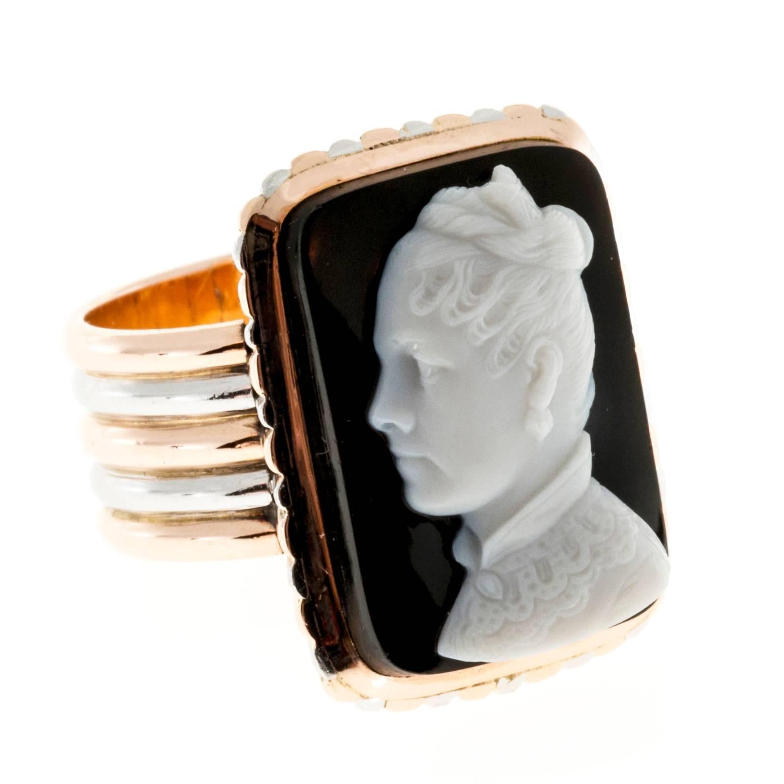 Carved Hardstone Cameo Gold Platinum Ring In Good Condition In Stamford, CT