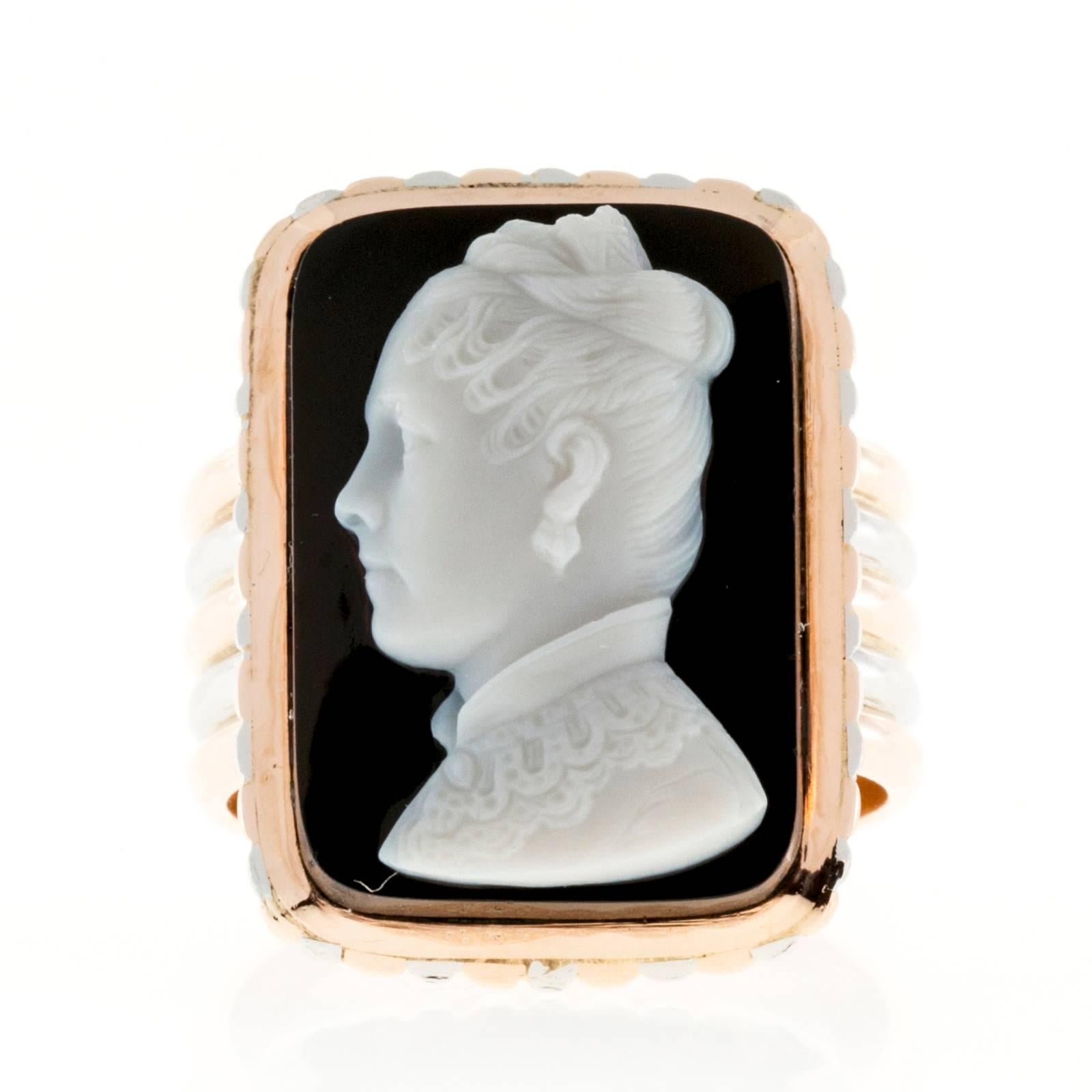 Victorian 1878 solid rose gold and platinum handmade cameo ring with and extra fine hardstone carving. 

Hardstone cameo 20.8 x 14.7mm, layered white and black
Platinum
14k Rose Gold
Tested: 14k pink gold and Platinum
Hand engraved AEH to WHC