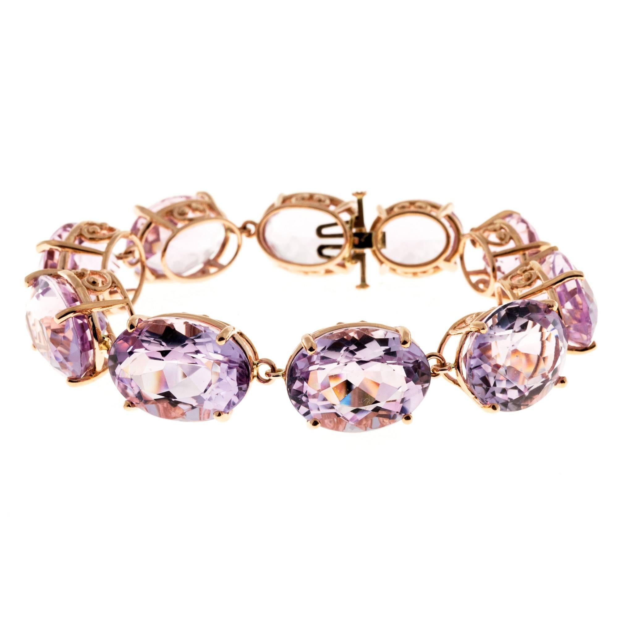 Lilac purple untreated Amethyst Riviere Bracelet. The stones are natural and slightly different shape and depth.  New rose gold settings were made for each stone in the original style of scroll basket. All Amethyst were re-polished. A necklace is