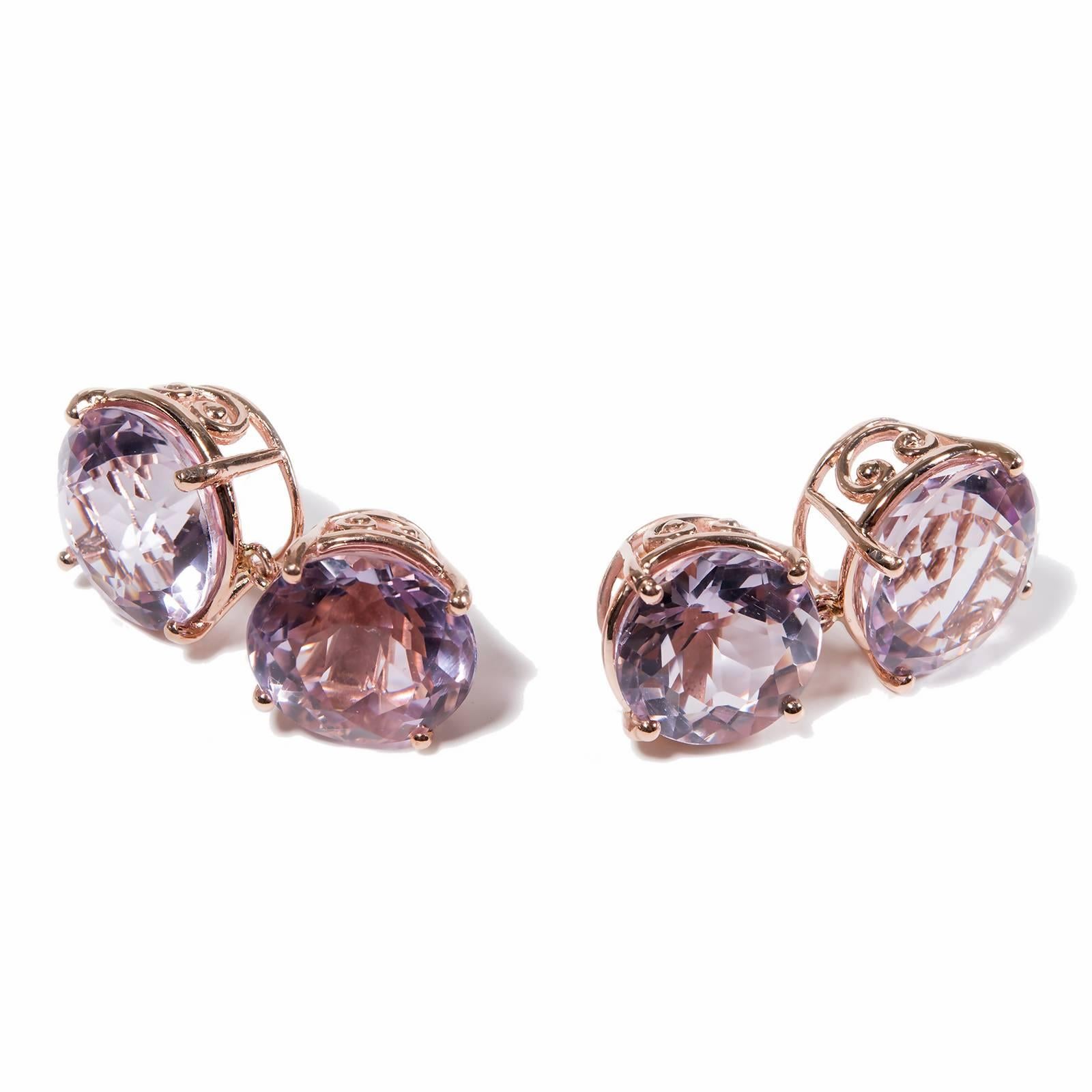 Lilac purple untreated Amethyst Riviere Earrings. The stones are natural and slightly different shape and depth. Rose gold settings were made for each stone in the original style of scroll basket. All Amethyst were re-polished. The jewelry is from