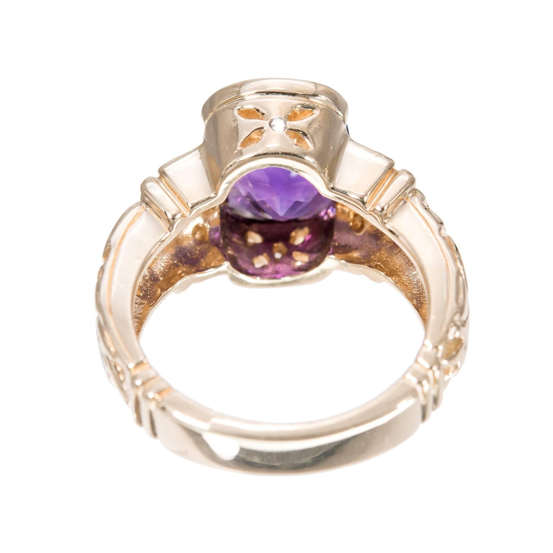 Cushion Cut Faceted Amethyst Diamond Gold Ring For Sale