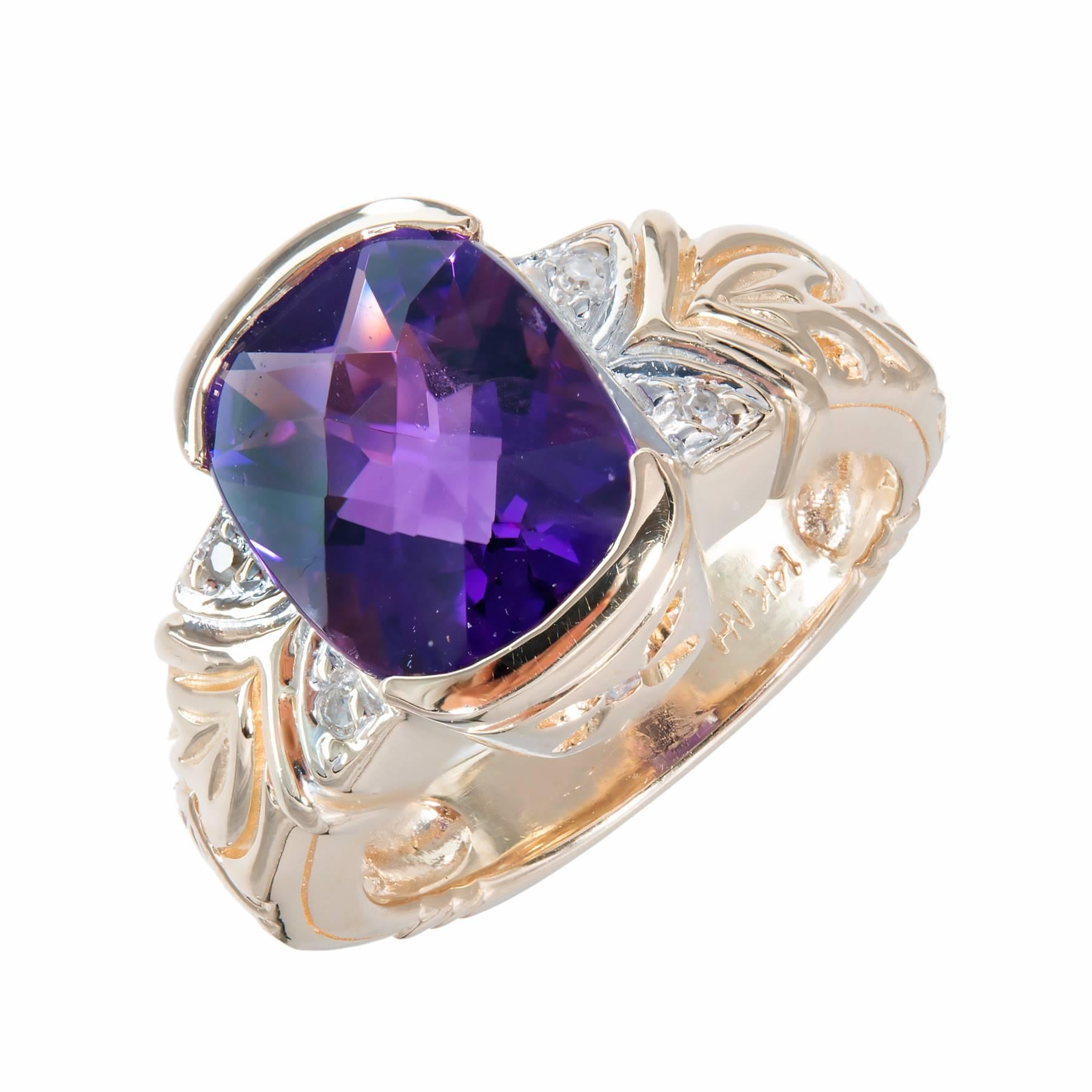 14k Yellow gold semi bezel bright purple amethyst and diamond ring. 

1 cushion bright purple checkerboard cut Amethyst, approx. total weight 2.50cts, VS – SI, 10.50 x 9.05 x 6.27mm
4 round diamonds approx. total weight .04cts, I, SI
Size 6 and