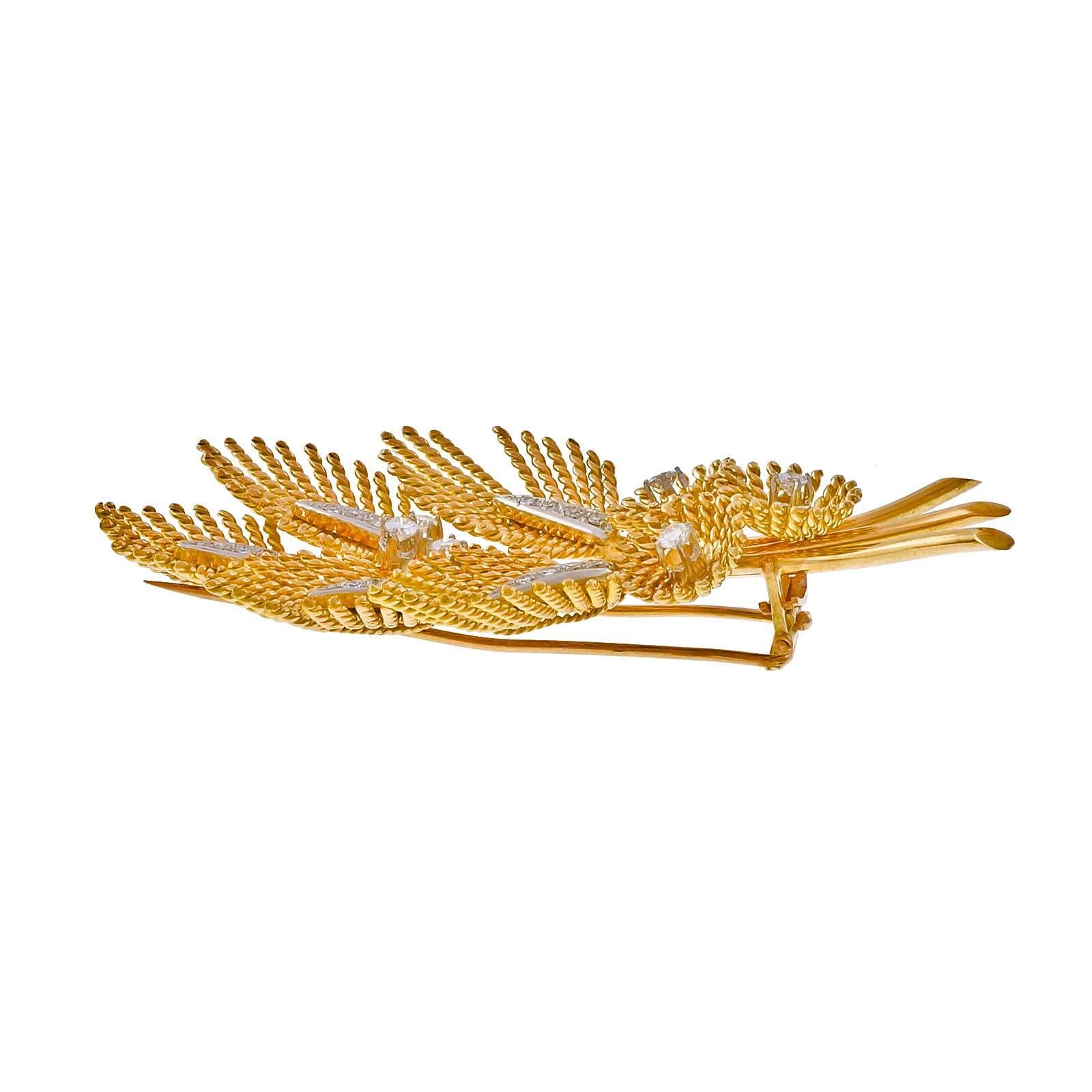 Round Cut Diamond Gold Platinum Leaf Mid-Century Brooch For Sale