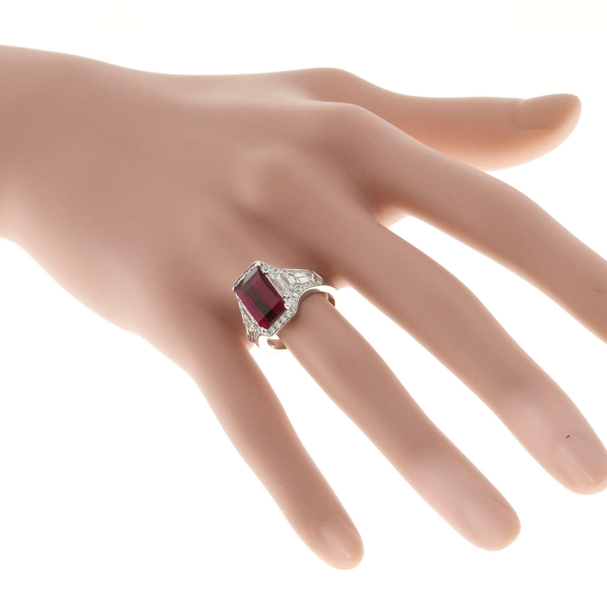 Cushion Cut Rubellite Red Tourmaline Diamond Platinum Engagement Ring For Sale