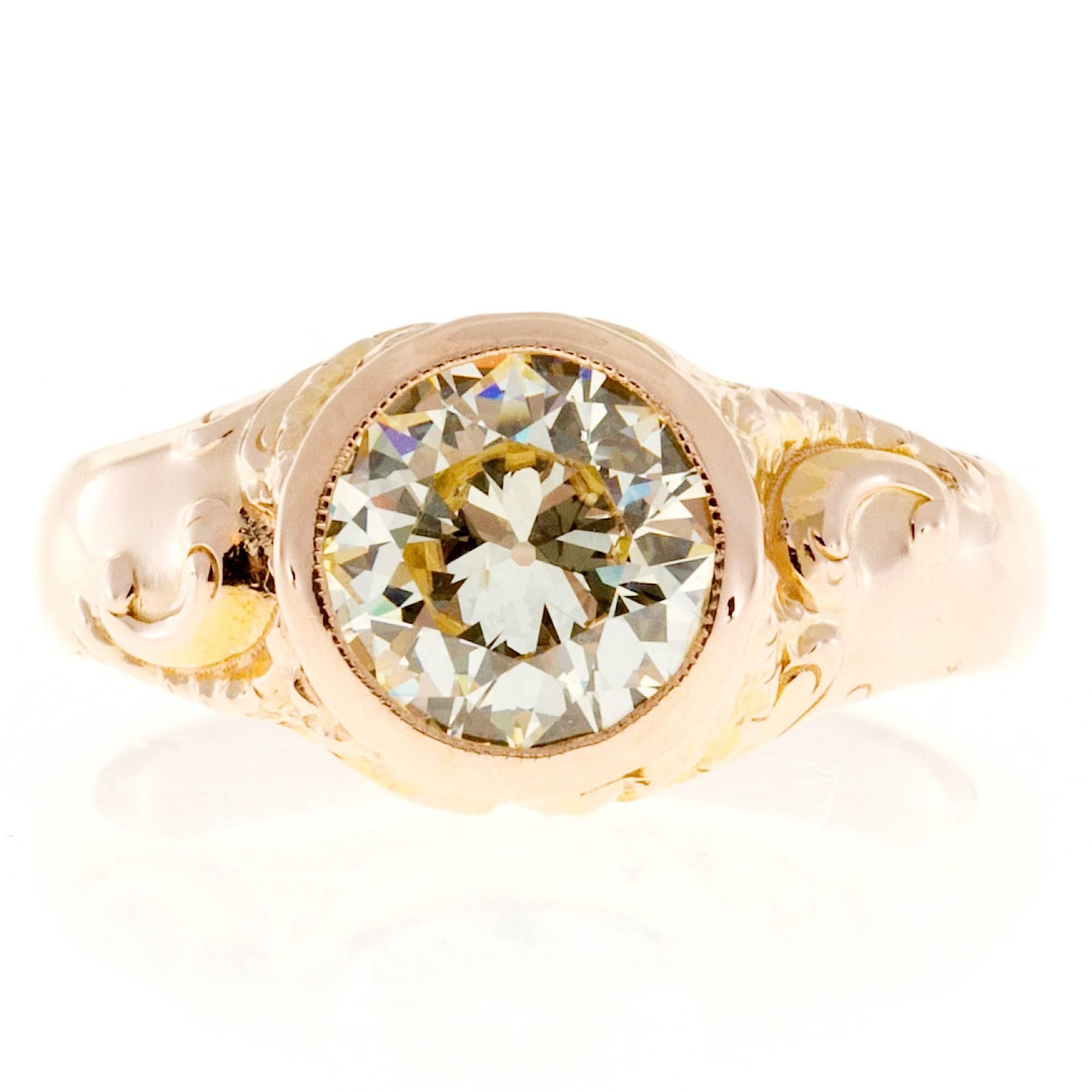 Authentic all original 1895 Art Nouveau old European cut bezel set  certified very light yellow diamond rose gold ring. This ring can be worn by both women and men. 

1 round diamond, approx. total weight 2.12cts, Q – R, SI2, GIA certificate #