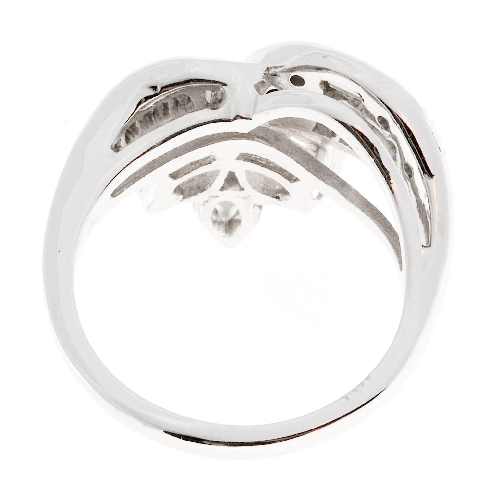 Marquise Cut .70 Carat Marquise Baguette Round Diamond Gold Swirl Three-Stone Cocktail Ring
