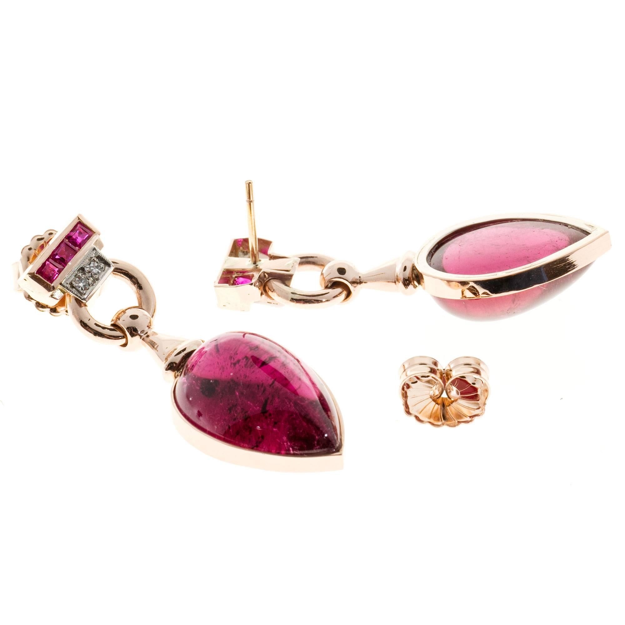 Red Tourmaline Cabochon Pear Ruby Diamond Gold Dangle Earrings In Good Condition In Stamford, CT