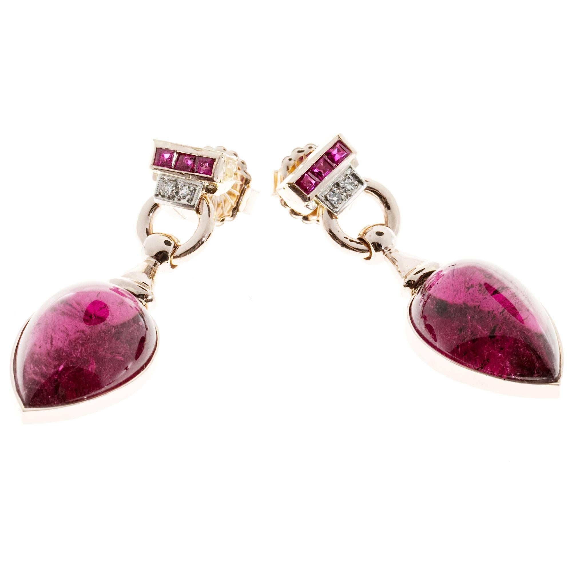 Red Tourmaline Cabochon Pear Ruby Diamond Gold Dangle Earrings 3