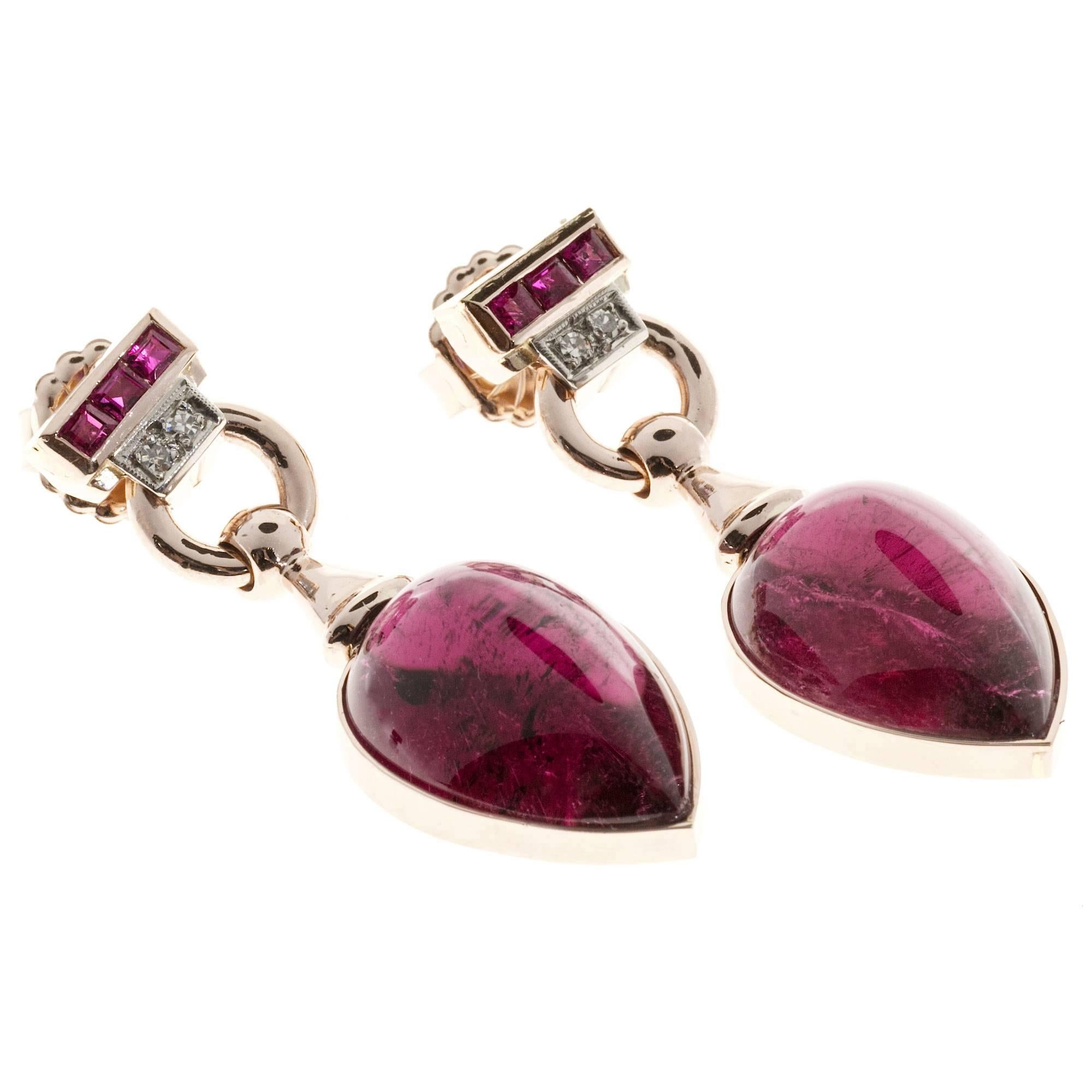 Red Tourmaline Cabochon Pear Ruby Diamond Gold Dangle Earrings 2