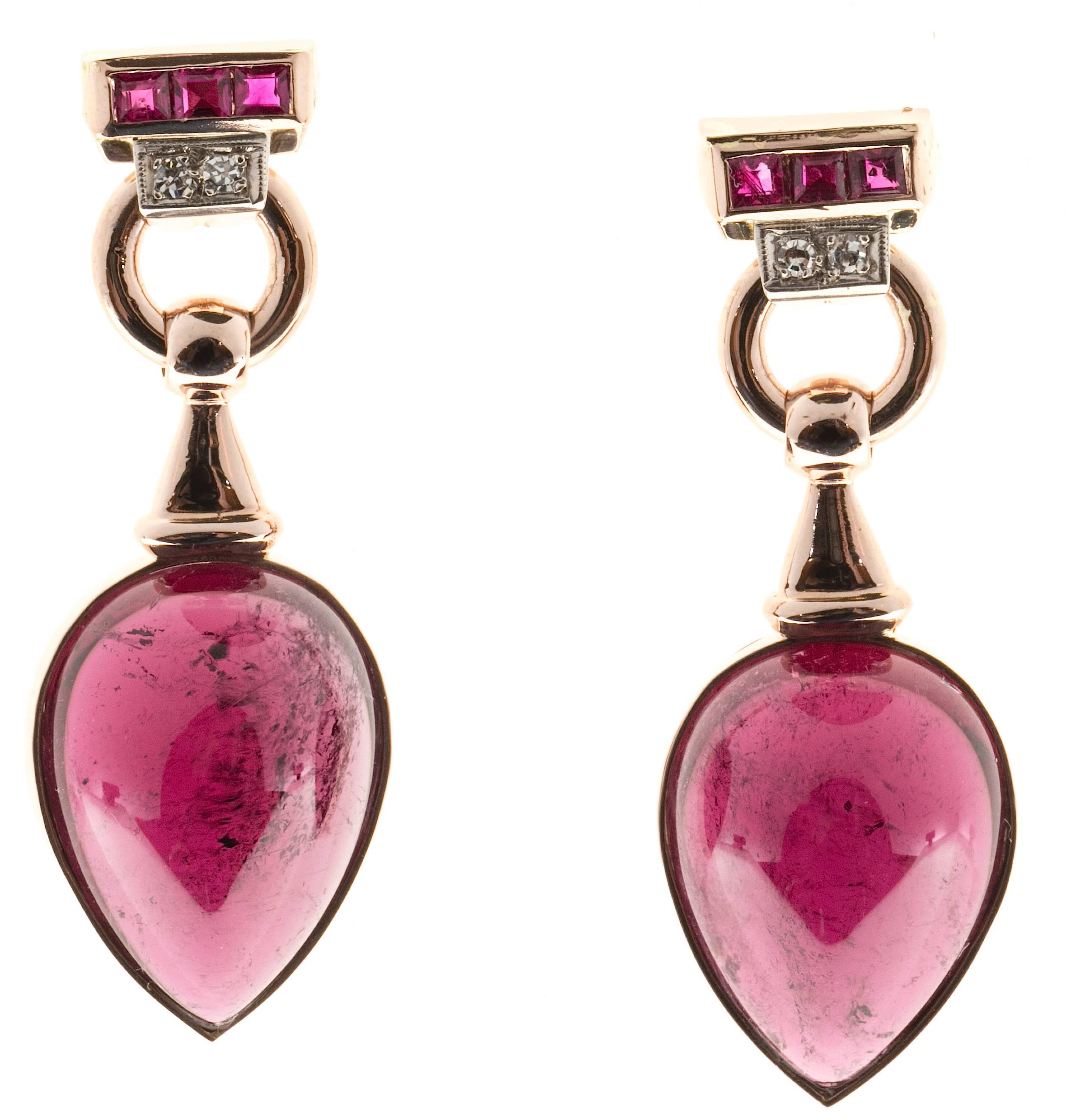 Red Tourmaline Cabochon Pear Ruby Diamond Gold Dangle Earrings 4