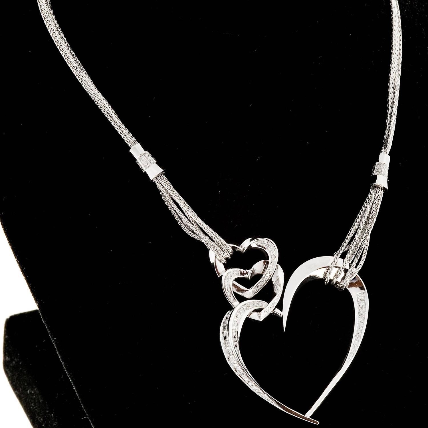 Diamond Gold Triple Heart Pendant Necklace For Sale at 1stdibs