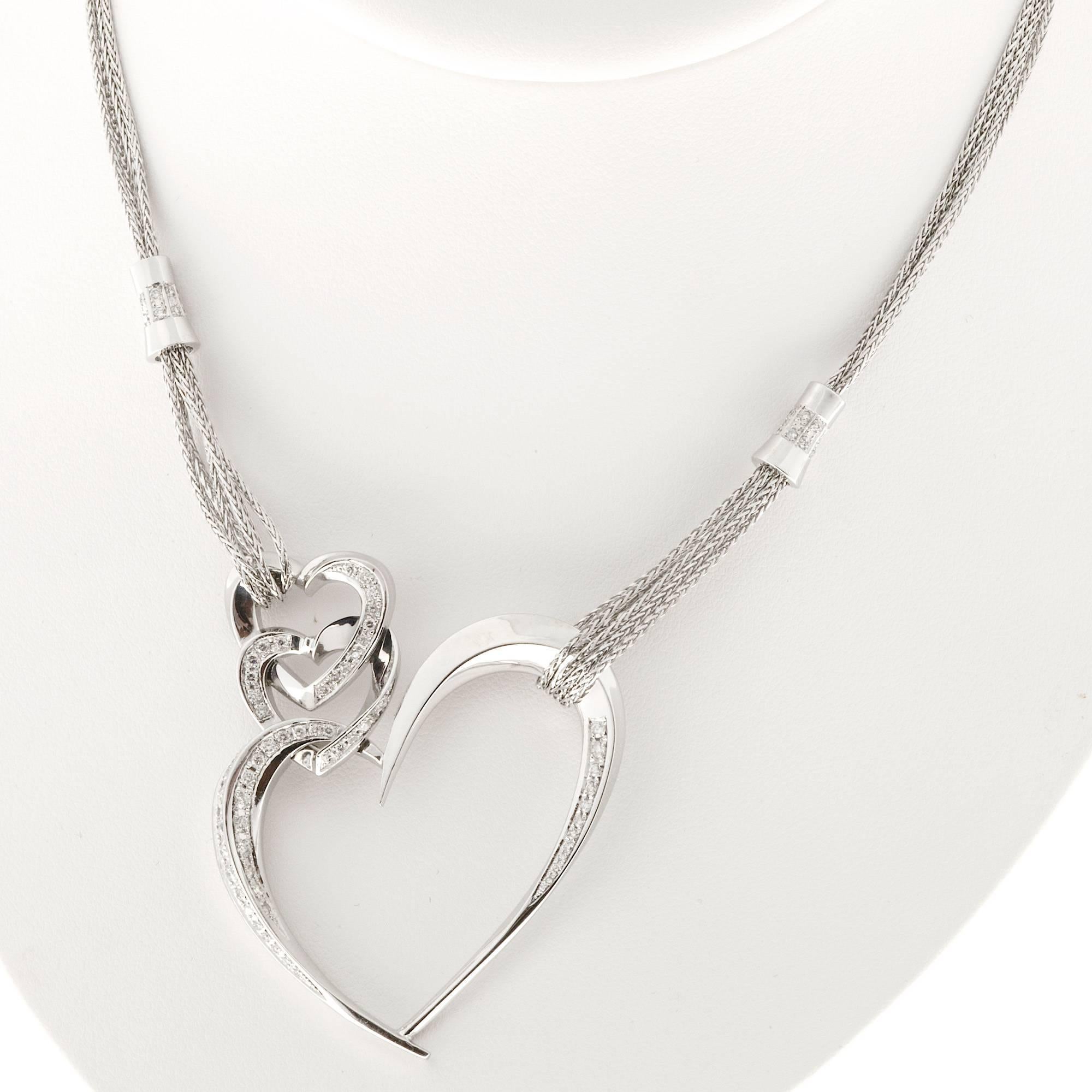 Round Cut .91 Carat Round Diamond Gold Triple Heart Multi Chain Pendant Necklace For Sale