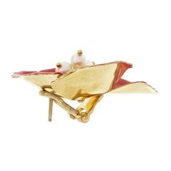 Pearl Red Enamel Gold Flower Earrings