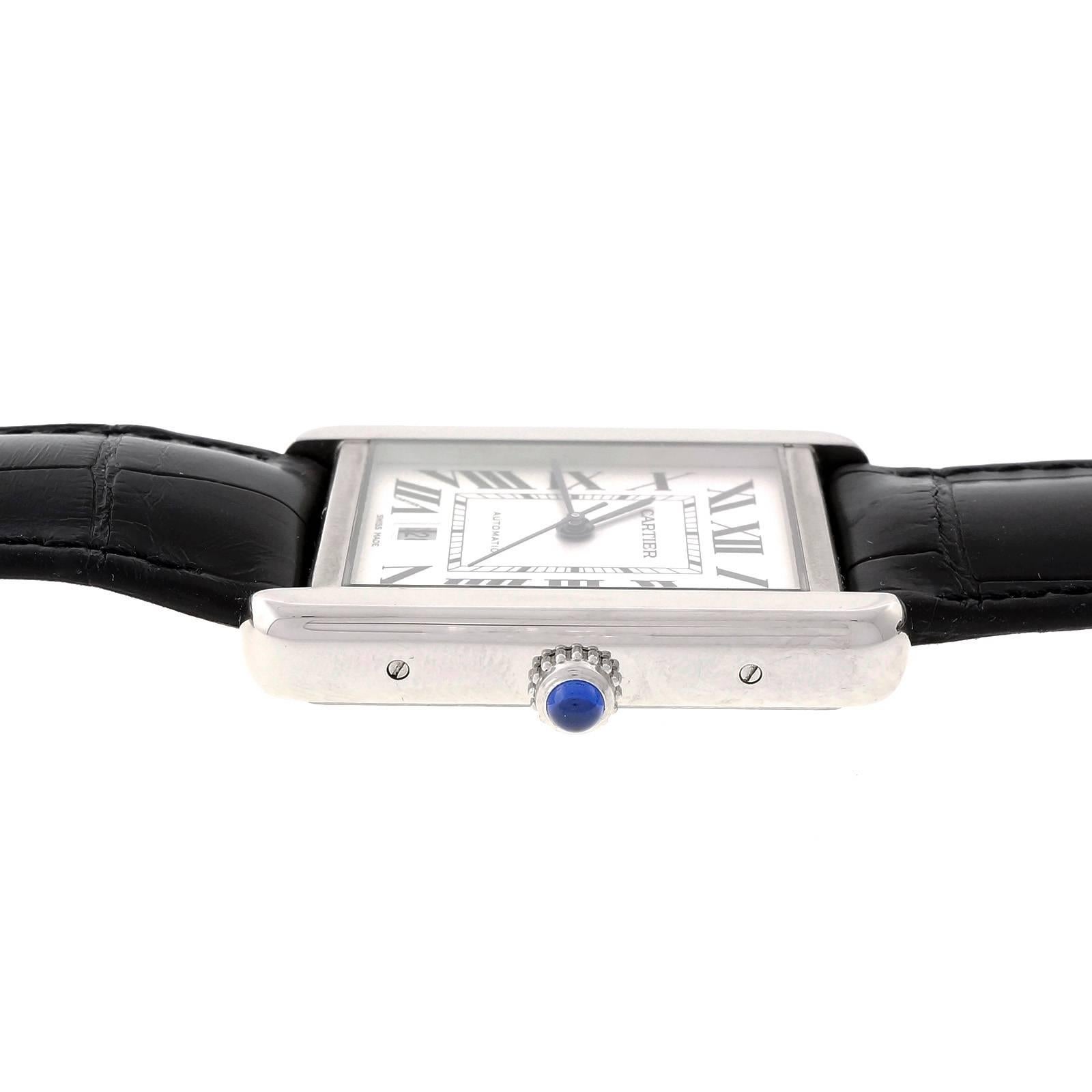 Extra-large size men’s tank Solo steel automatic date wrist watch. New alligator band.

Steel
Length: 40.63mm
Width: 31mm
Band width at case: 22mm
Case thickness: 7.68mm
Band: New Italian genuine Alligator, minor showcase wear
Crystal: