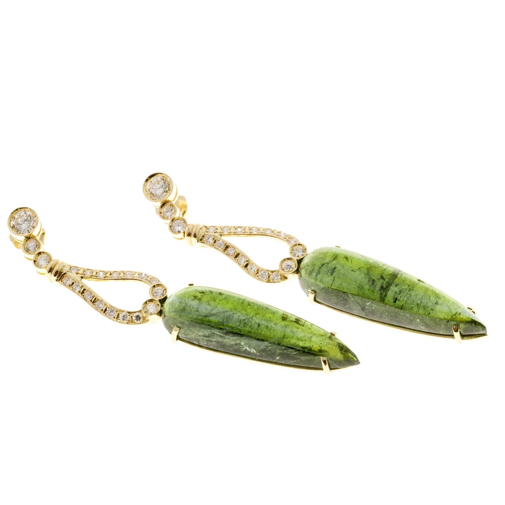 Cabochon Pear Green Tourmaline Diamond Gold Dangle Earrings In Good Condition In Stamford, CT