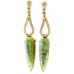Cabochon Pear Green Tourmaline Diamond Gold Dangle Earrings