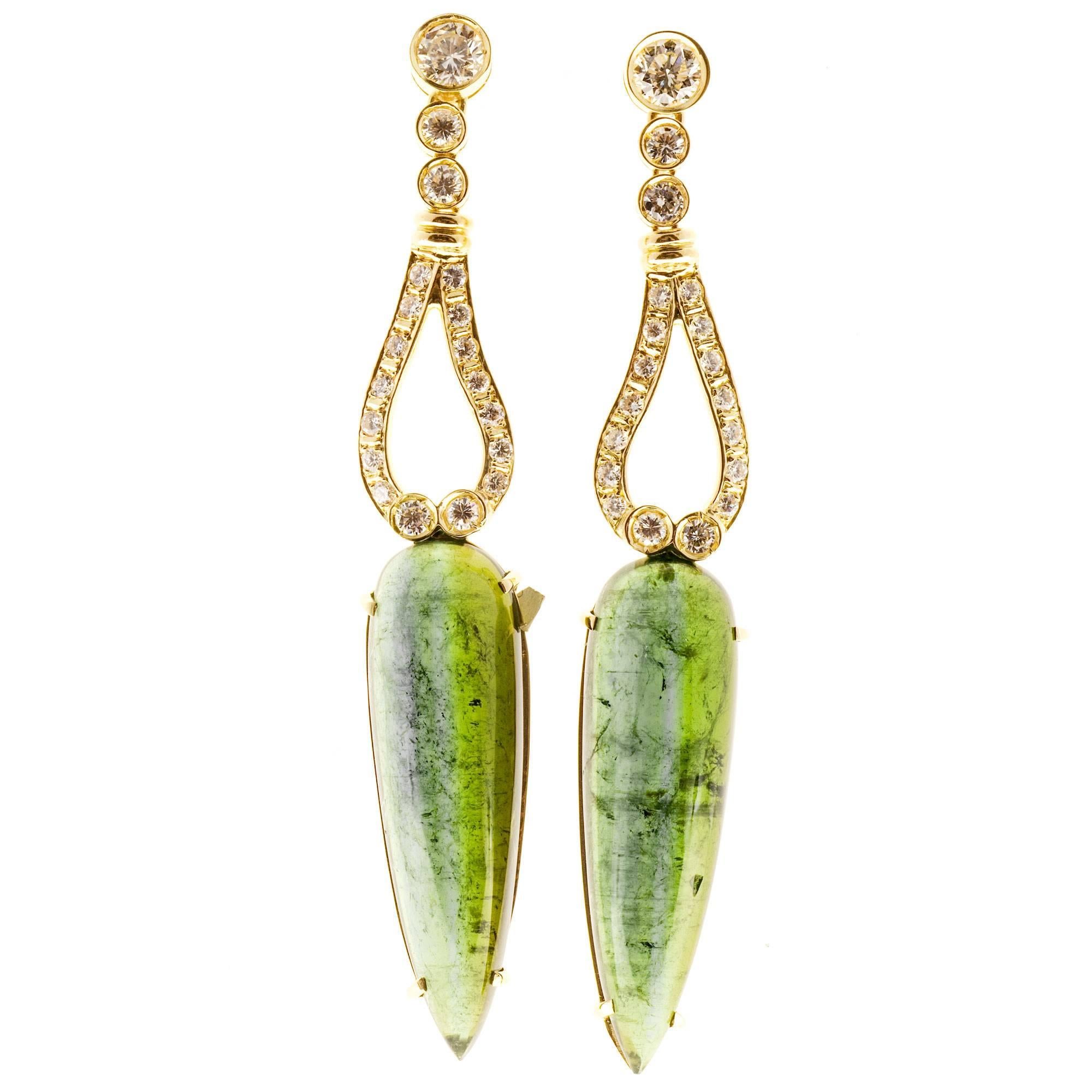 Cabochon Pear Green Tourmaline Diamond Gold Dangle Earrings 1