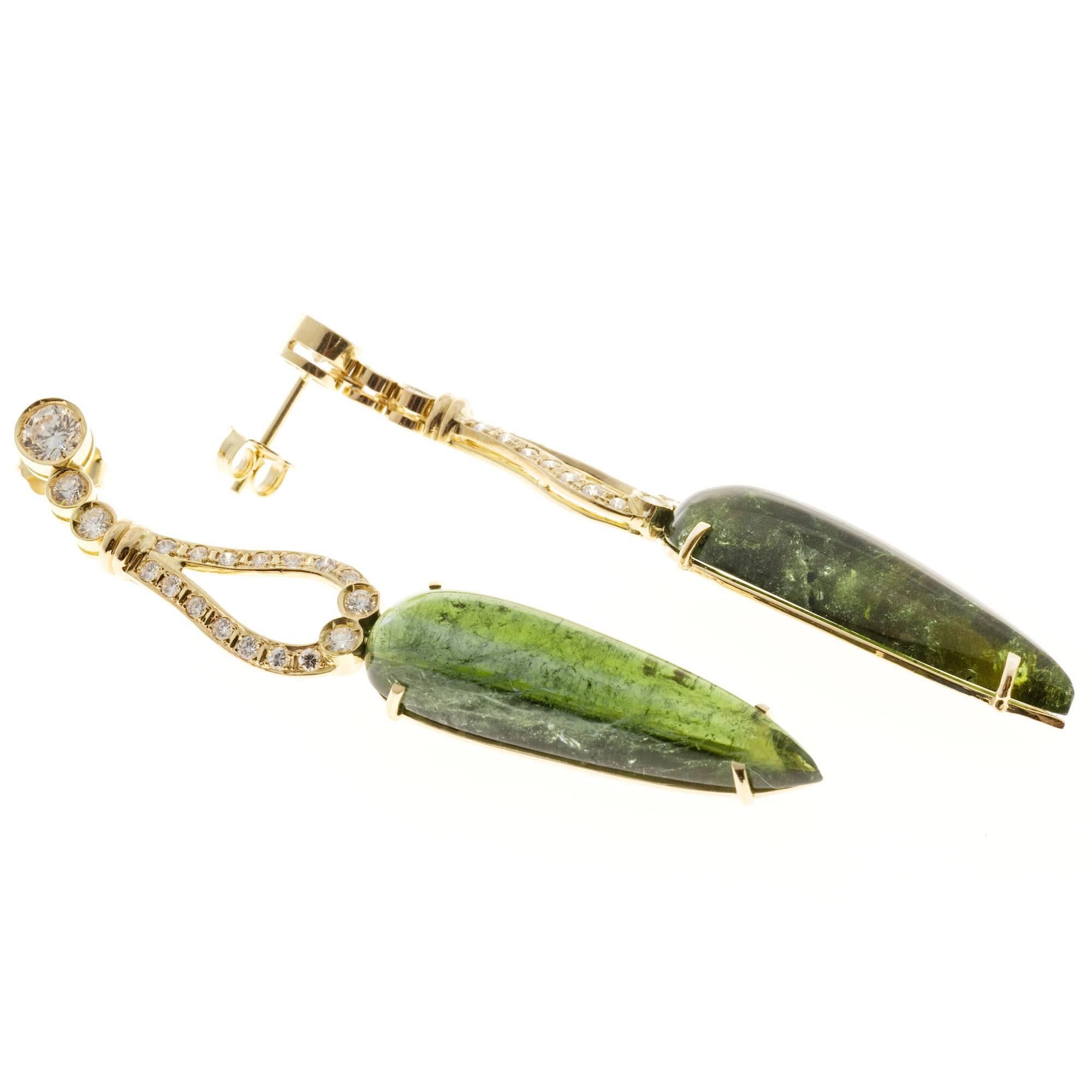 Women's Cabochon Pear Green Tourmaline Diamond Gold Dangle Earrings