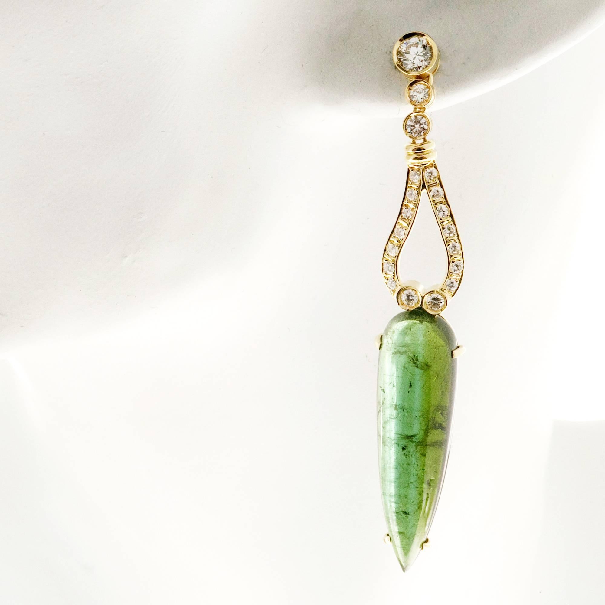 Cabochon Pear Green Tourmaline Diamond Gold Dangle Earrings 3