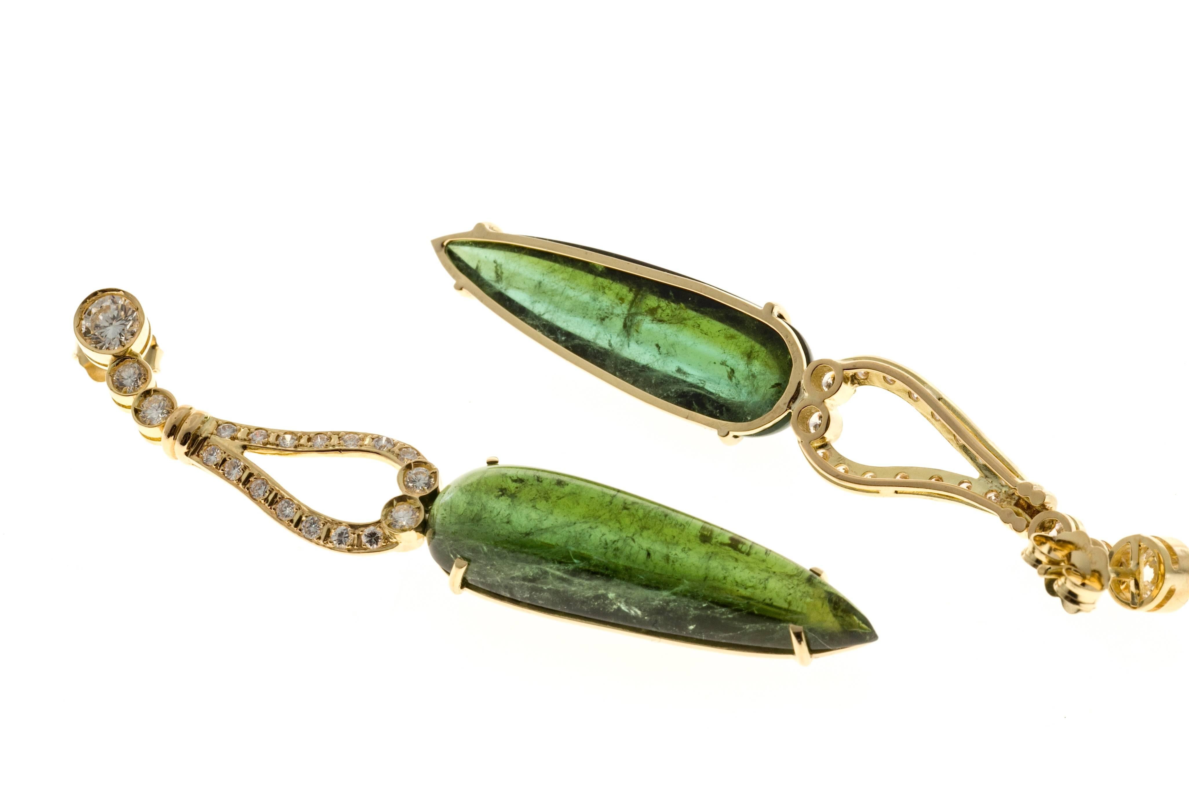 Cabochon Pear Green Tourmaline Diamond Gold Dangle Earrings 2