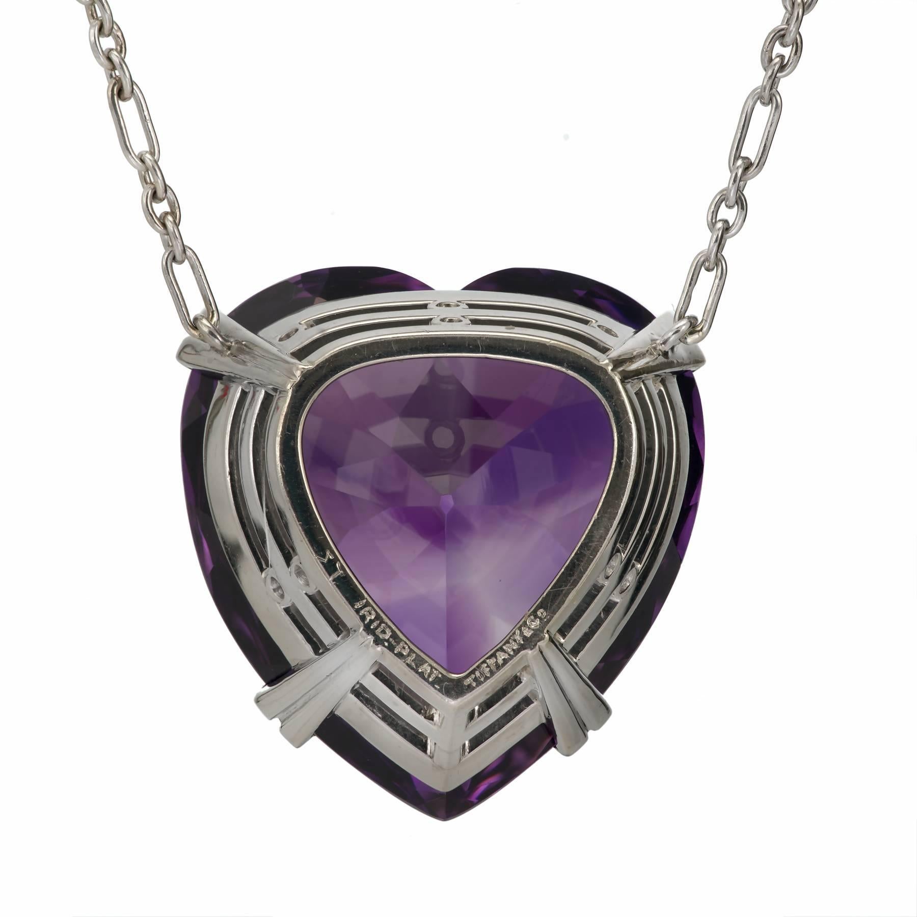 Tiffany & Co handmade Platinum necklace with a deep purple color Amethyst signed Tiffany on the Platinum setting. Platinum chain with spring ring catch. Circa 1960. Tiffany was known in the 1960’s for collecting fine Russian Amethyst and making