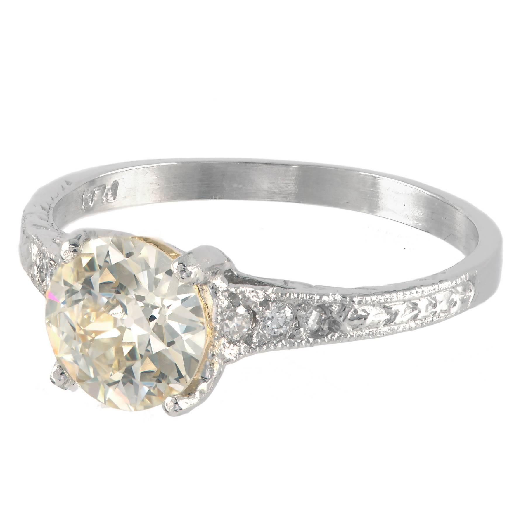 Old European Cut .92 Carat Natural Light Yellow Diamond Art Deco Platinum Engagement Ring