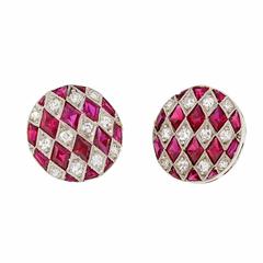 Round Synthetic Ruby Diamond Platinum Earrings 