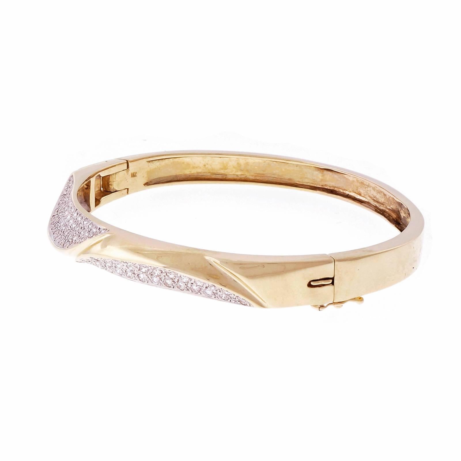 Large Pavé Diamond Gold Bangle Bracelet In Good Condition In Stamford, CT