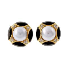 Mabe Pearl Onyx Diamond Gold Post Clip Earrings 2