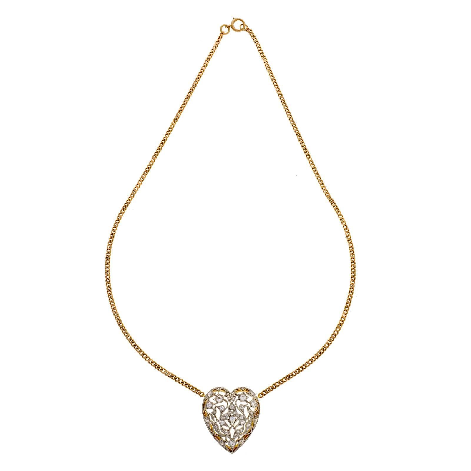 Women's Diamond Gold Open Work Platinum Heart Pendant Necklace