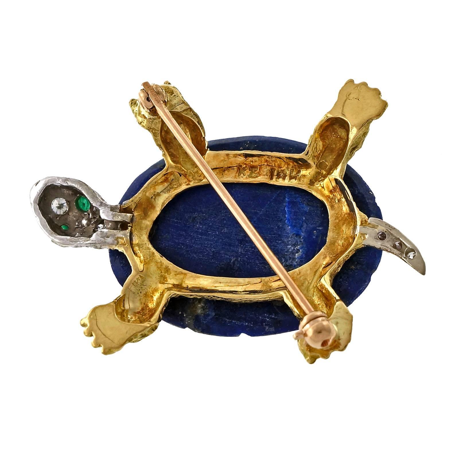 Dimensional Natural Lapis Emerald Diamond Gold Turtle Pin In Good Condition In Stamford, CT