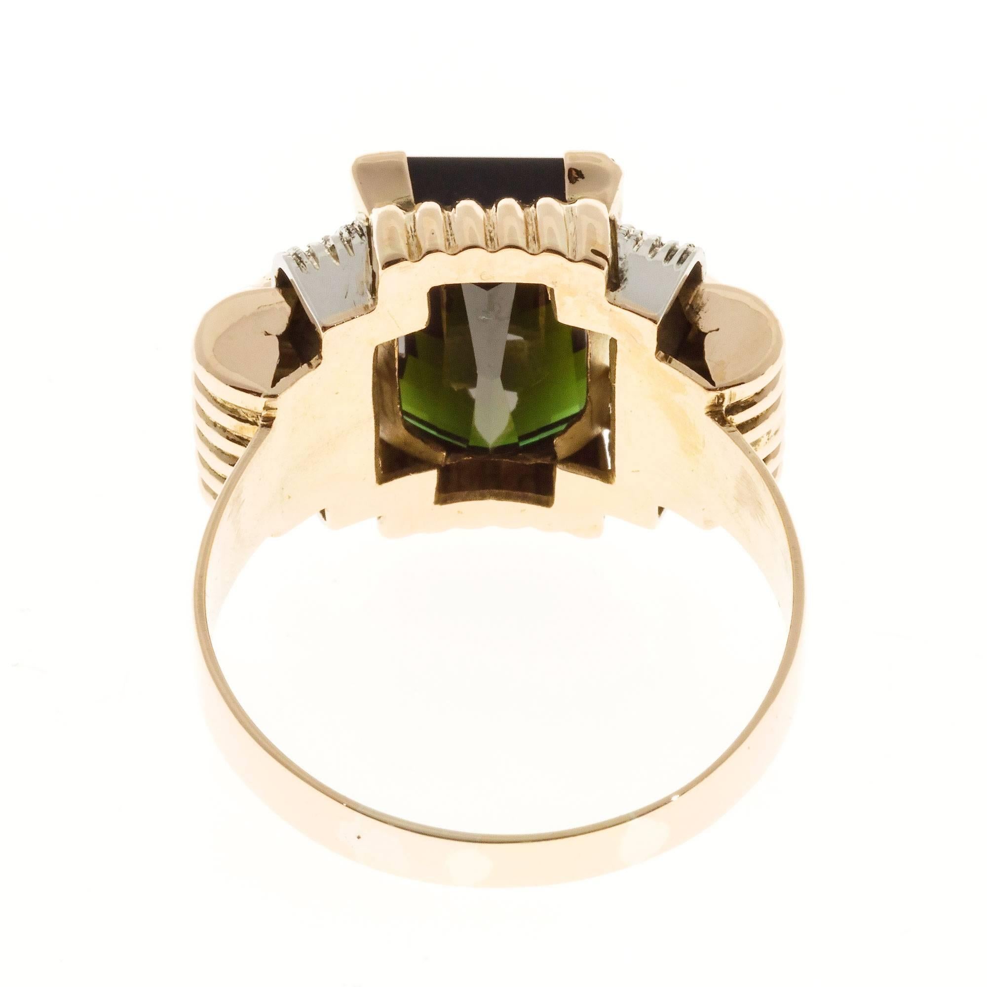 Retro Green Tourmaline Diamond Gold Ring 2