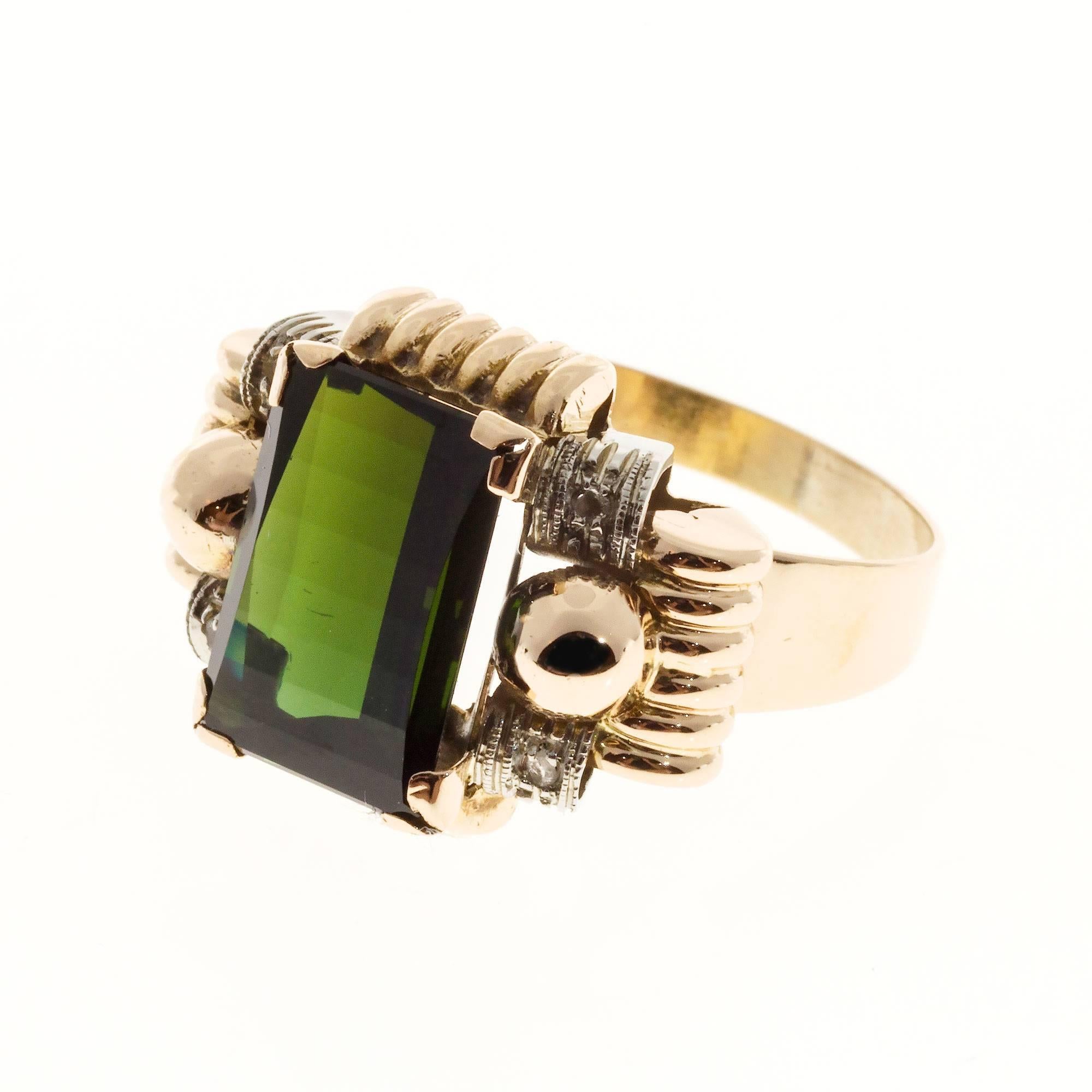 Retro Green Tourmaline Diamond Gold Ring 1