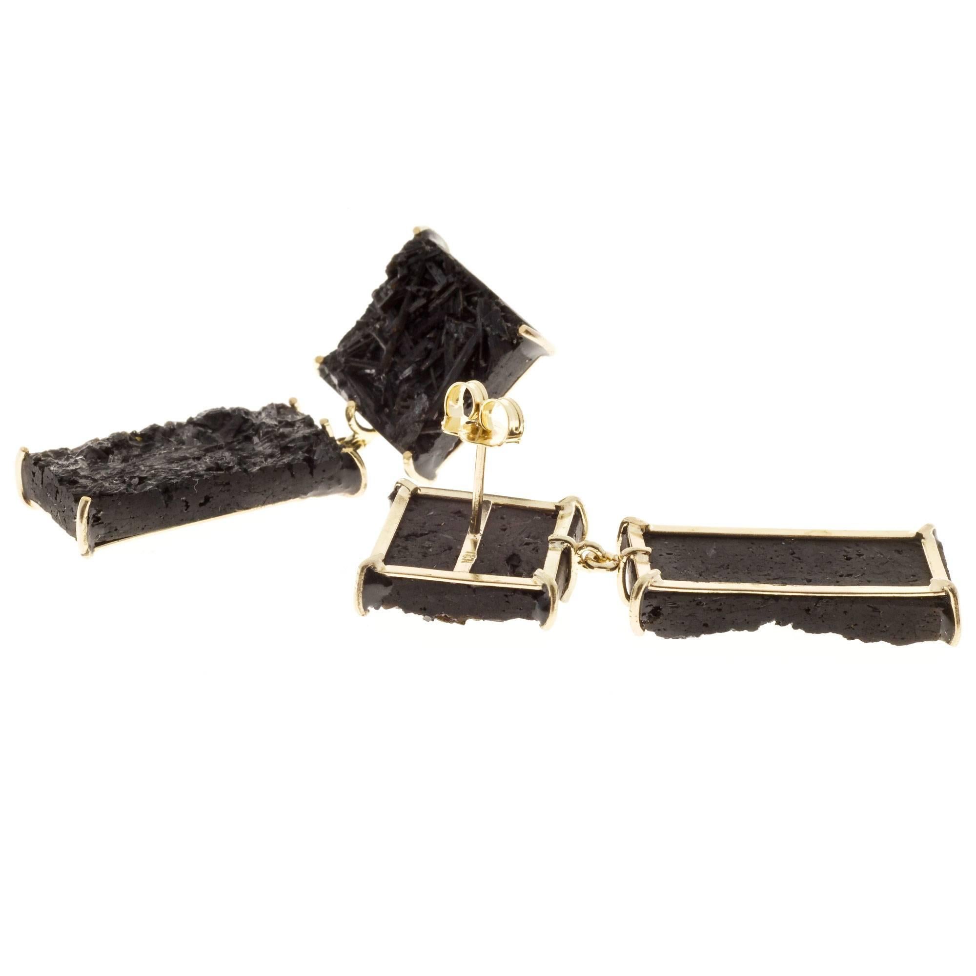 Peter Suchy 36.40 Carat Black Tourmaline Gold Dangle Earrings In Excellent Condition For Sale In Stamford, CT