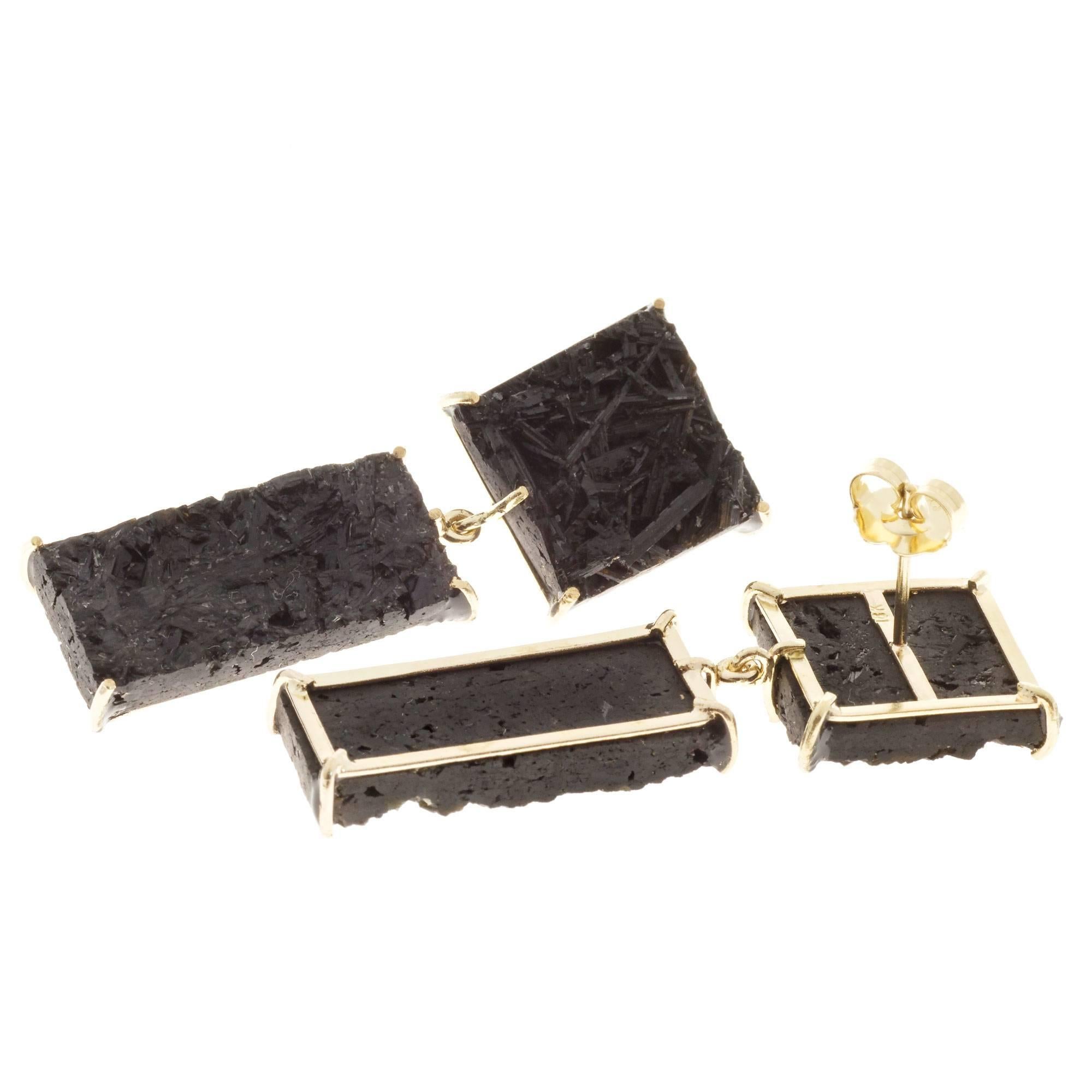 Square Cut Peter Suchy 36.40 Carat Black Tourmaline Gold Dangle Earrings For Sale