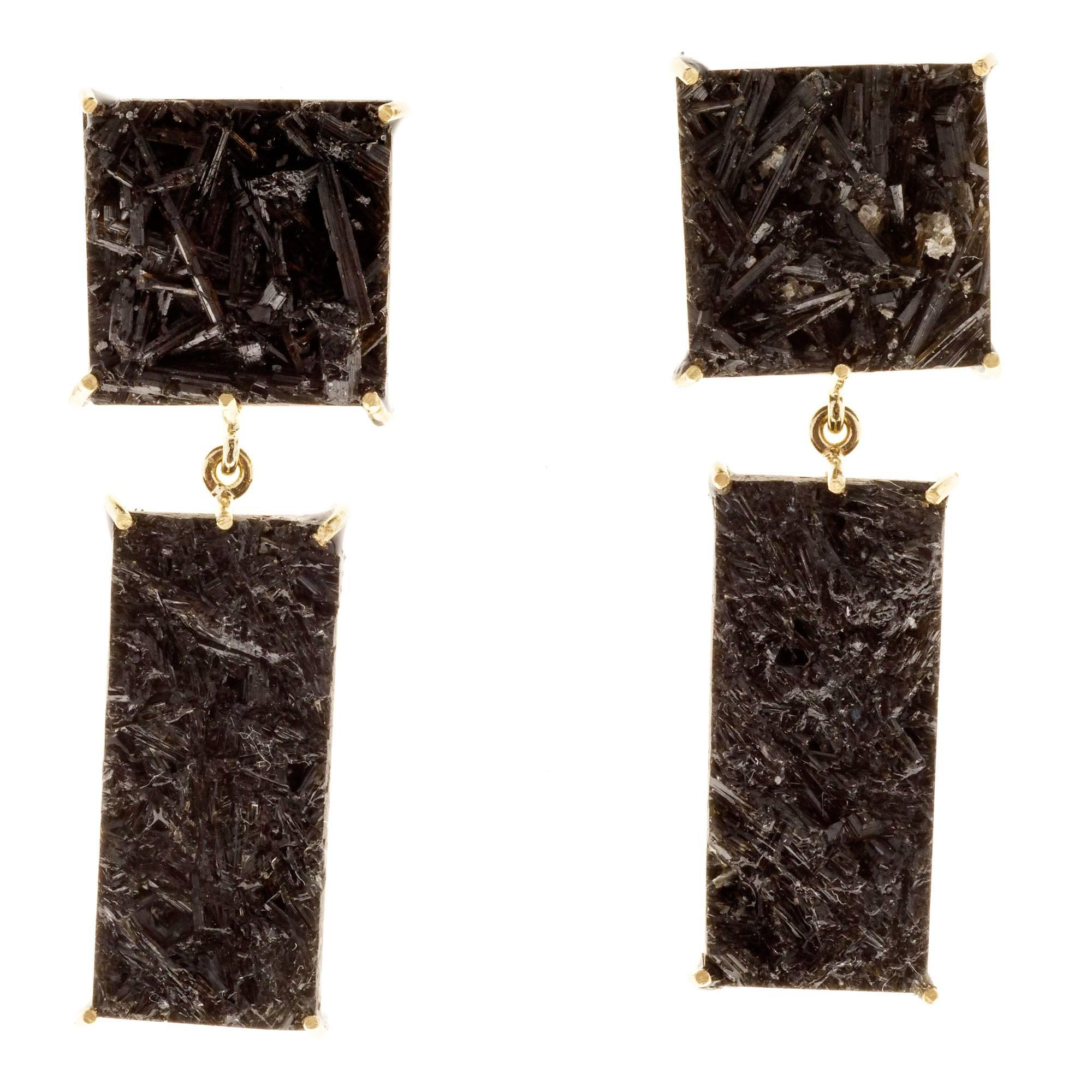 Peter Suchy 36.40 Carat Black Tourmaline Gold Dangle Earrings For Sale