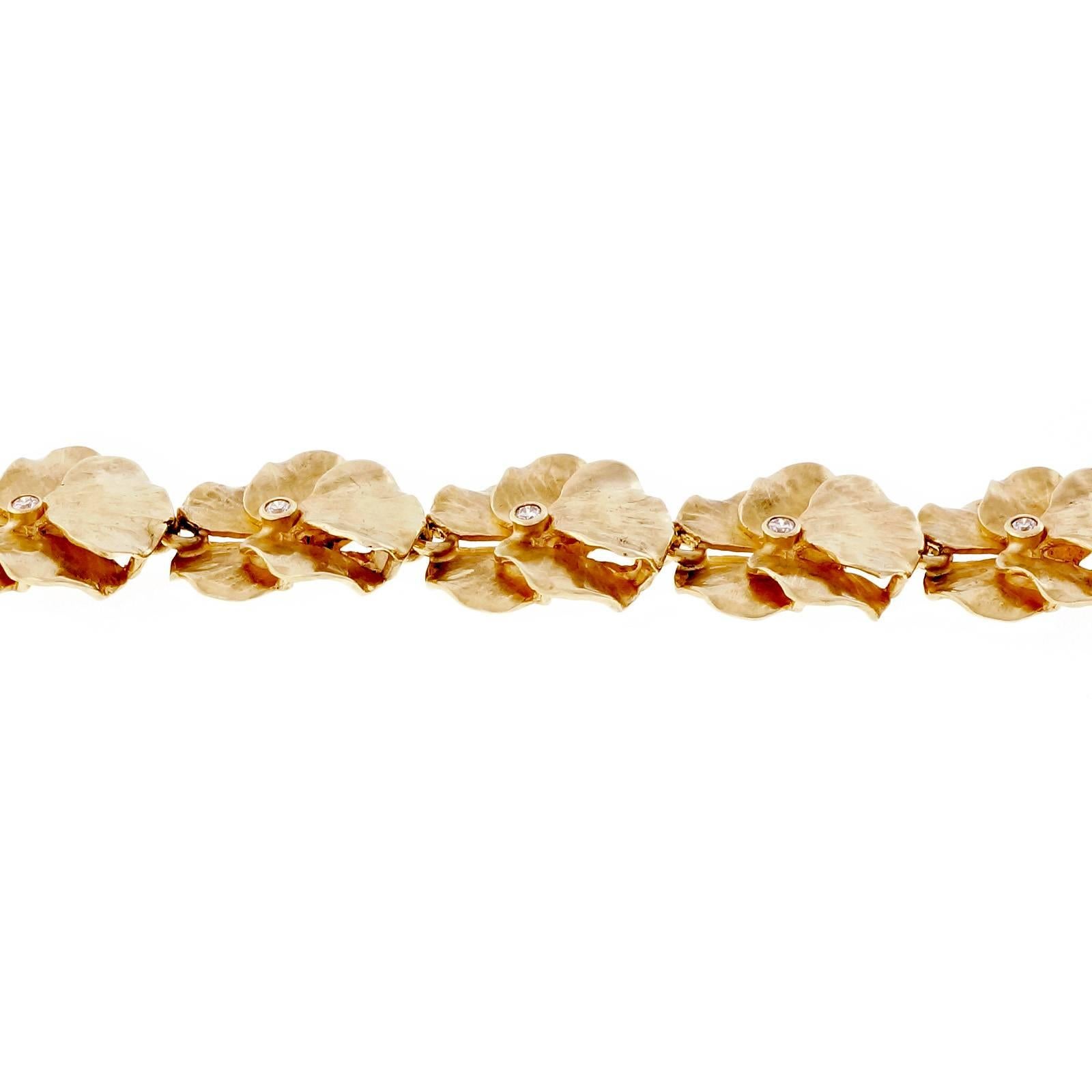 Women's Diamond Gold Textured Flower Petal Link Bracelet