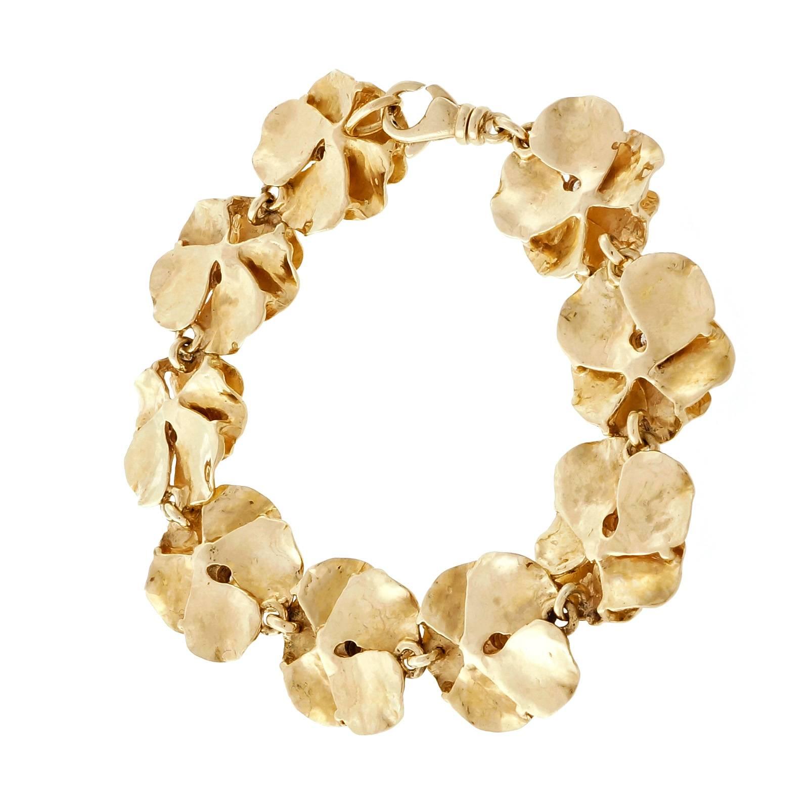 Diamond Gold Textured Flower Petal Link Bracelet 1