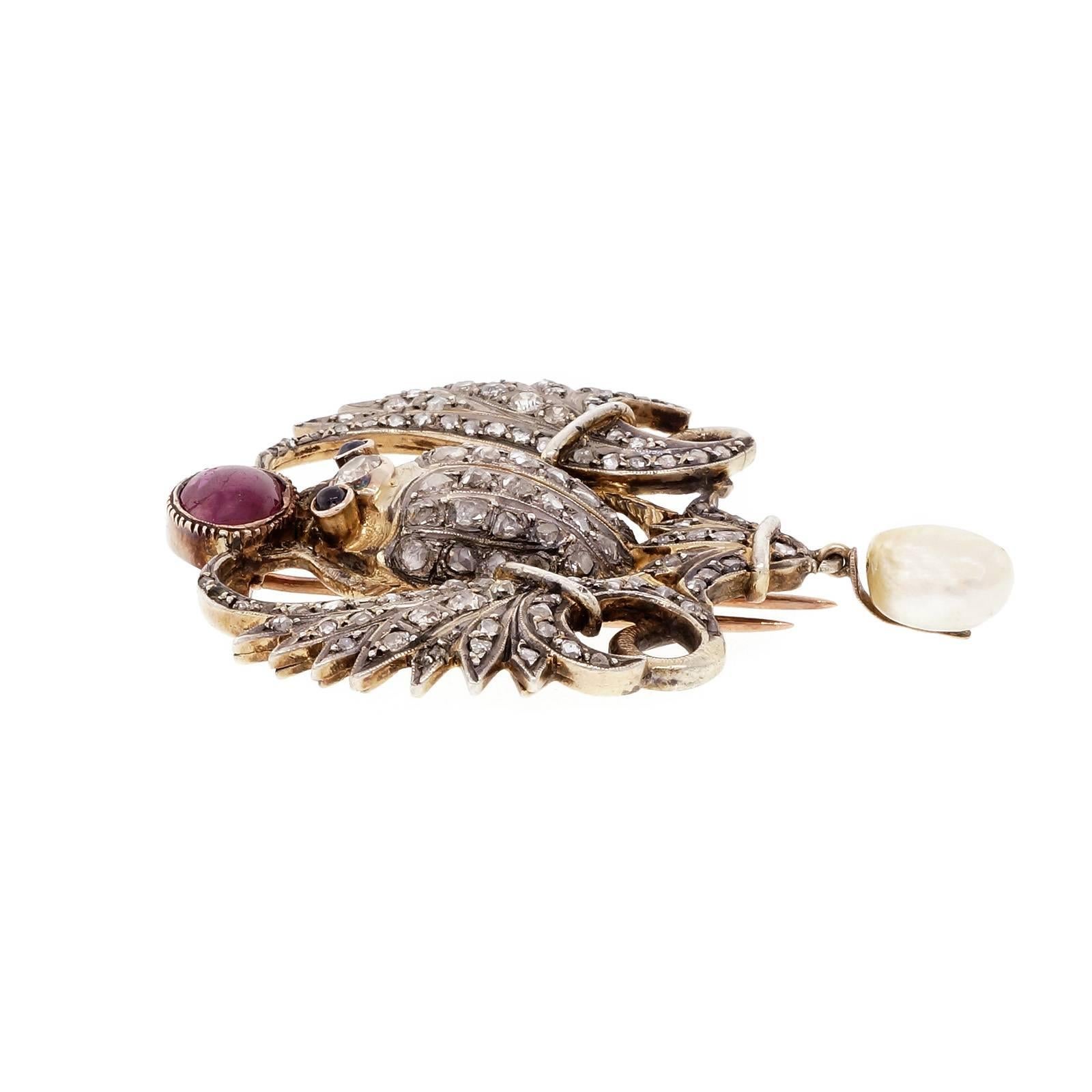Egyptian Revival Pearl Ruby Sapphire Diamond Silver Gold Beetle Pin  In Good Condition In Stamford, CT