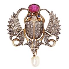 Egyptian Revival Pearl Ruby Sapphire Diamond Silver Gold Beetle Pin 